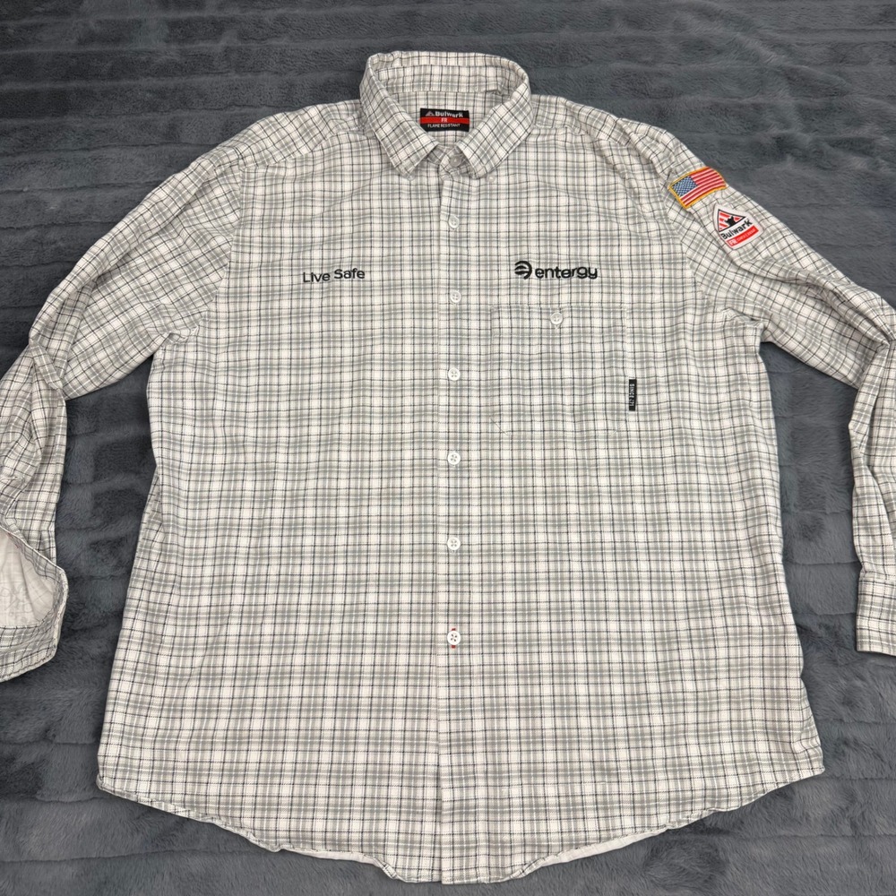 Bulwark FR Mens Entergy Flame Resistant Plaid Work Shirt Grey White CAT 2 XL